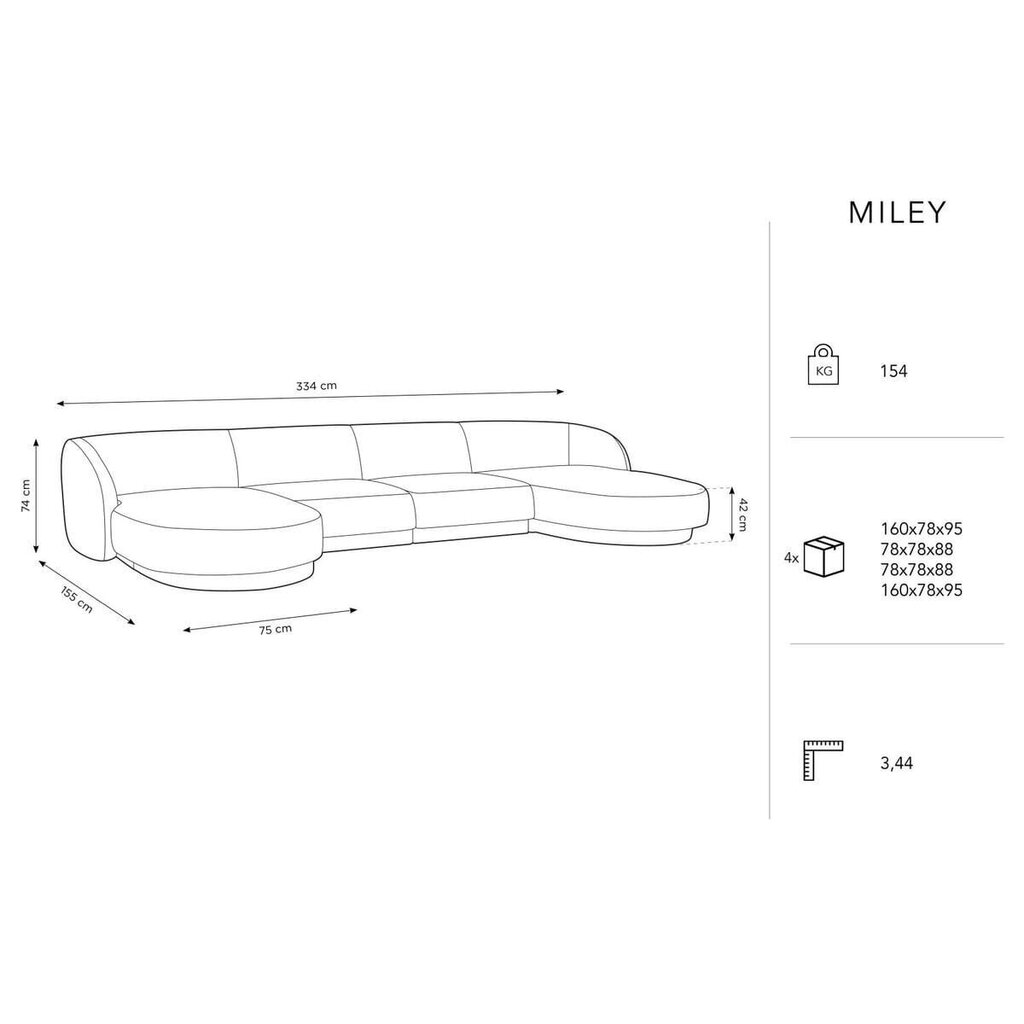 Samtains panorāmas dīvāns Micadoni Miley, 334 x 155 x 74, balts cena un informācija | Dīvāni | 220.lv