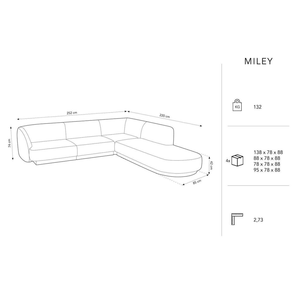 Samtains labās puses stūra dīvāns Micadoni Miley, 252 x 220 x 74, zaļš cena un informācija | Dīvāni | 220.lv