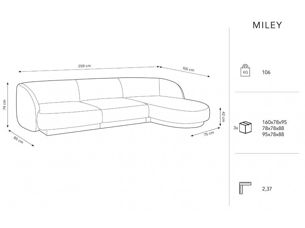 Labās puses stūra dīvāns Micadoni Miley, 259 x 155 x 74 cm, pelēks cena un informācija | Dīvāni | 220.lv