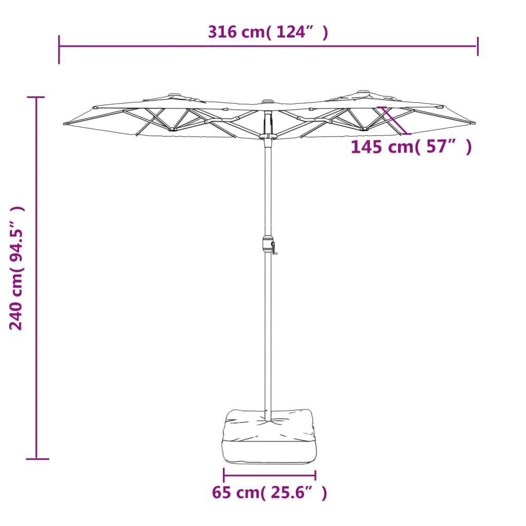 vidaXL saulessargs ar 2 jumtiņiem un LED, sarkanbrūns, 316x240 cm cena un informācija | Saulessargi, markīzes un statīvi | 220.lv