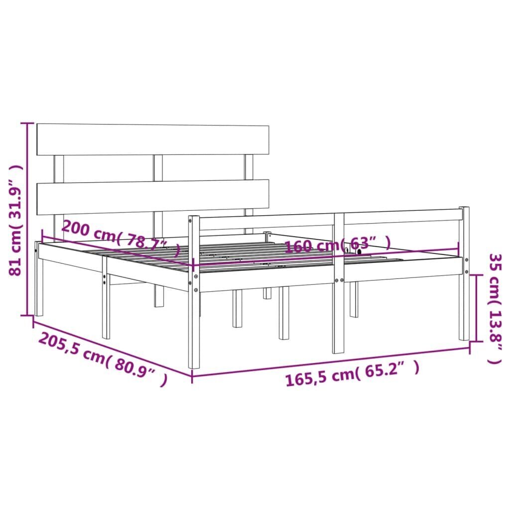 vidaXL gultas rāmis ar galvgali, 160x200 cm, masīvkoks cena un informācija | Gultas | 220.lv