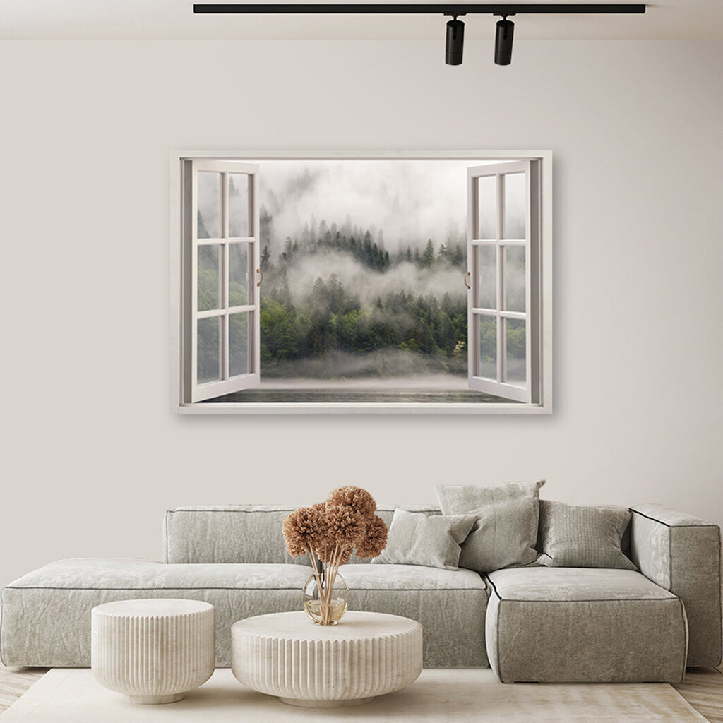 Glezna uz audekla, Skats pa logu uz mežu miglas ezerā цена и информация | Gleznas | 220.lv