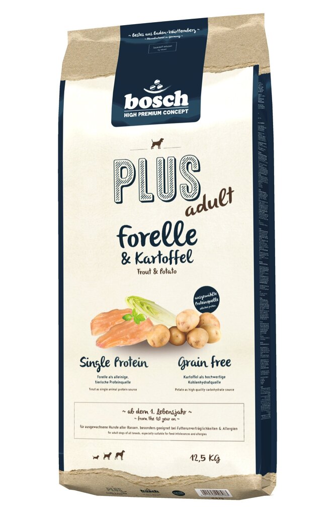 Bosch Petfood Plus HPC+ Forele bez graudiem (viena olbaltumviela) 12,5 kg cena un informācija | Sausā barība suņiem | 220.lv