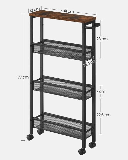 Vasagle Virtuves ratiņi šauri ar 4 plauktiem, 13 x 45,4 x 77 cm, brūni un melni cena un informācija | Virtuves piederumi | 220.lv