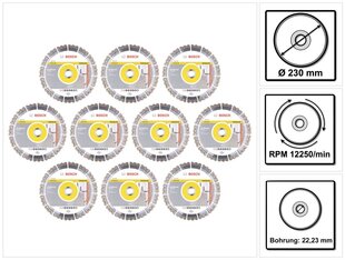 Bosch dimanta griešanas disku komplekts 10x Best for Universal 230 x 22,23 mm ( 10x 2608603633 ) cena un informācija | Rokas instrumenti | 220.lv