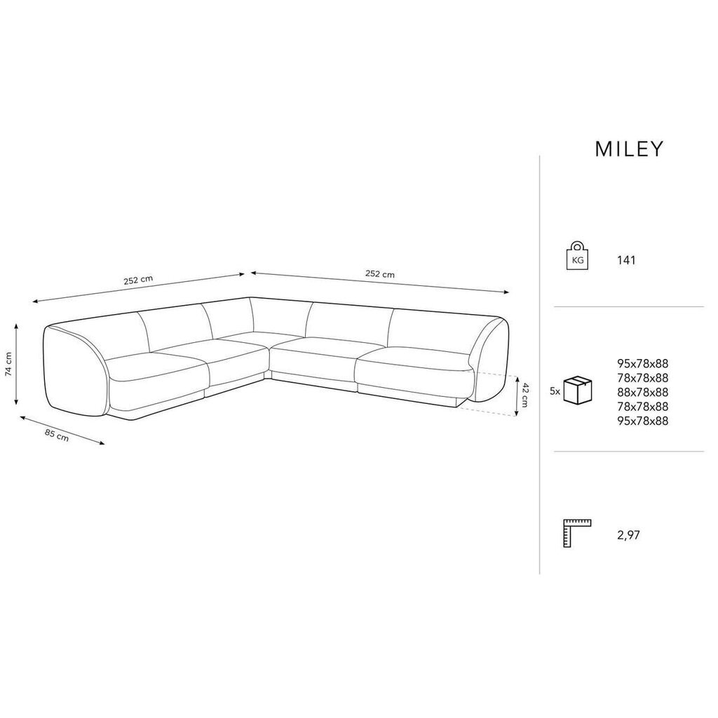 Samtains simetrisks stūra dīvāns Micadoni Miley, 252 x 252 x 74, smilškrāsas цена и информация | Dīvāni | 220.lv
