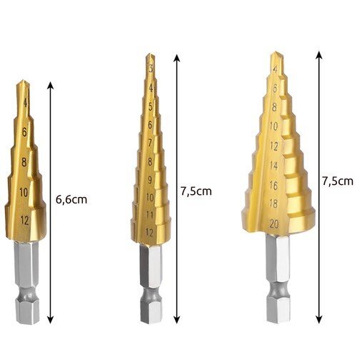 Slīpveida konusveida urbis, HSS tērauds, ar titāna pārklājumu, 3 gab. comp, 4-20 mm cena un informācija | Rokas instrumenti | 220.lv