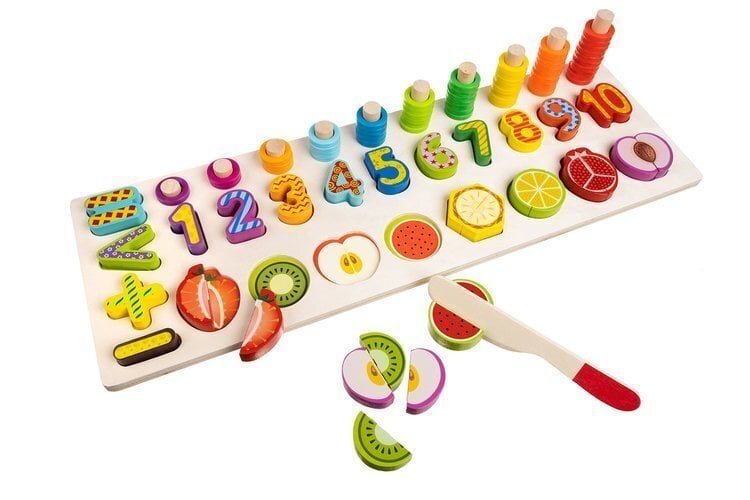 Montessori krāsains koka skaitļu un augļu šķirotājs, puzle cena un informācija | Attīstošās rotaļlietas | 220.lv