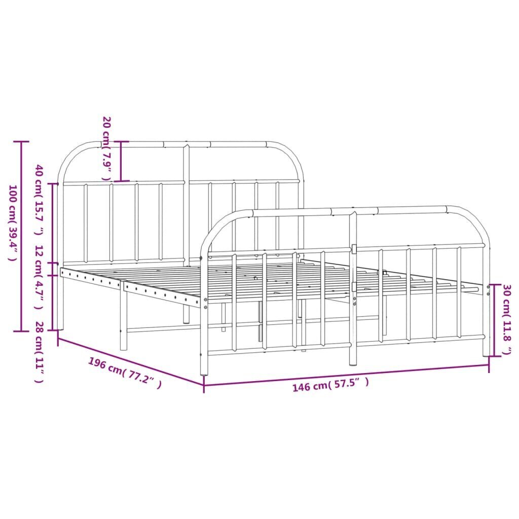 Gultas rāmis ar galvgali un kājgali, balts metāls, 140x190 cm cena un informācija | Gultas | 220.lv