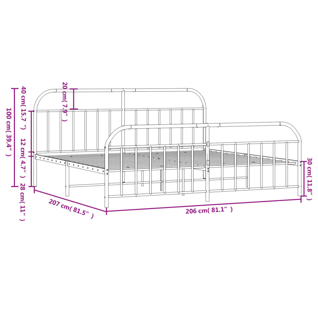 Gultas rāmis ar galvgali un kājgali, melns metāls, 200x200 cm cena un informācija | Gultas | 220.lv