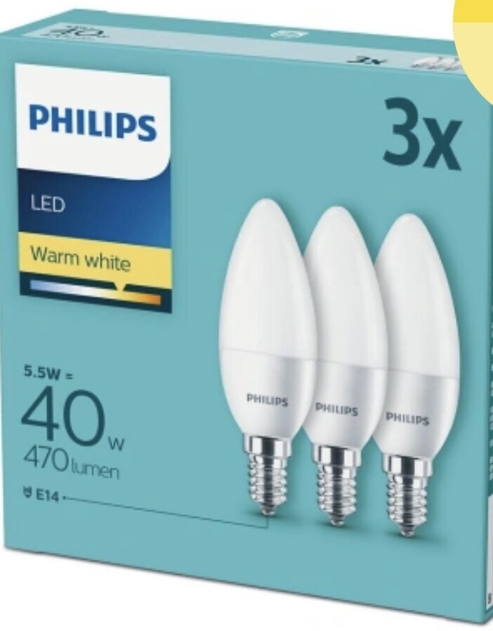 LED Spuldze Philips E14 470lm 2700K, 3 gb. komplekts цена и информация | Spuldzes | 220.lv