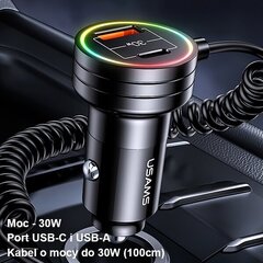 USAMS Ład. sam. 2xUSB-C 1xUSB-A C33 60W with spring cable Fast Charge czarny|black CC167CC01 (US-CC167) цена и информация | Зарядные устройства для телефонов | 220.lv