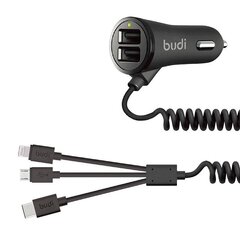 Budi LED car charger 2x USB, 3.4A + 3in1 USB to USB-C | Lightning | Micro USB cable (black) цена и информация | Зарядные устройства для телефонов | 220.lv