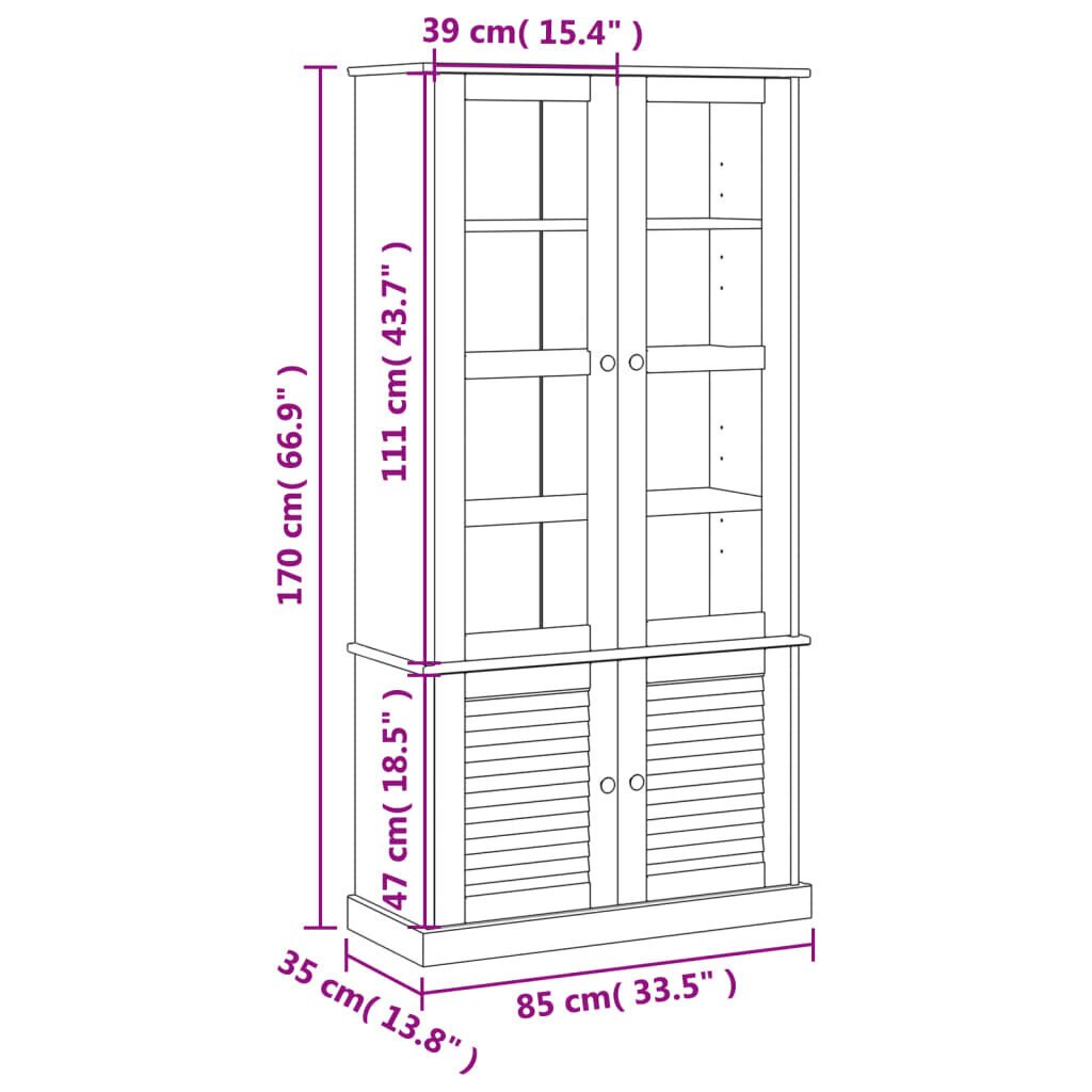 Skapis ar stikla durvīm VIGO, 85x35x170 cm, priedes masīvkoks цена и информация | Vitrīnas, bufetes | 220.lv