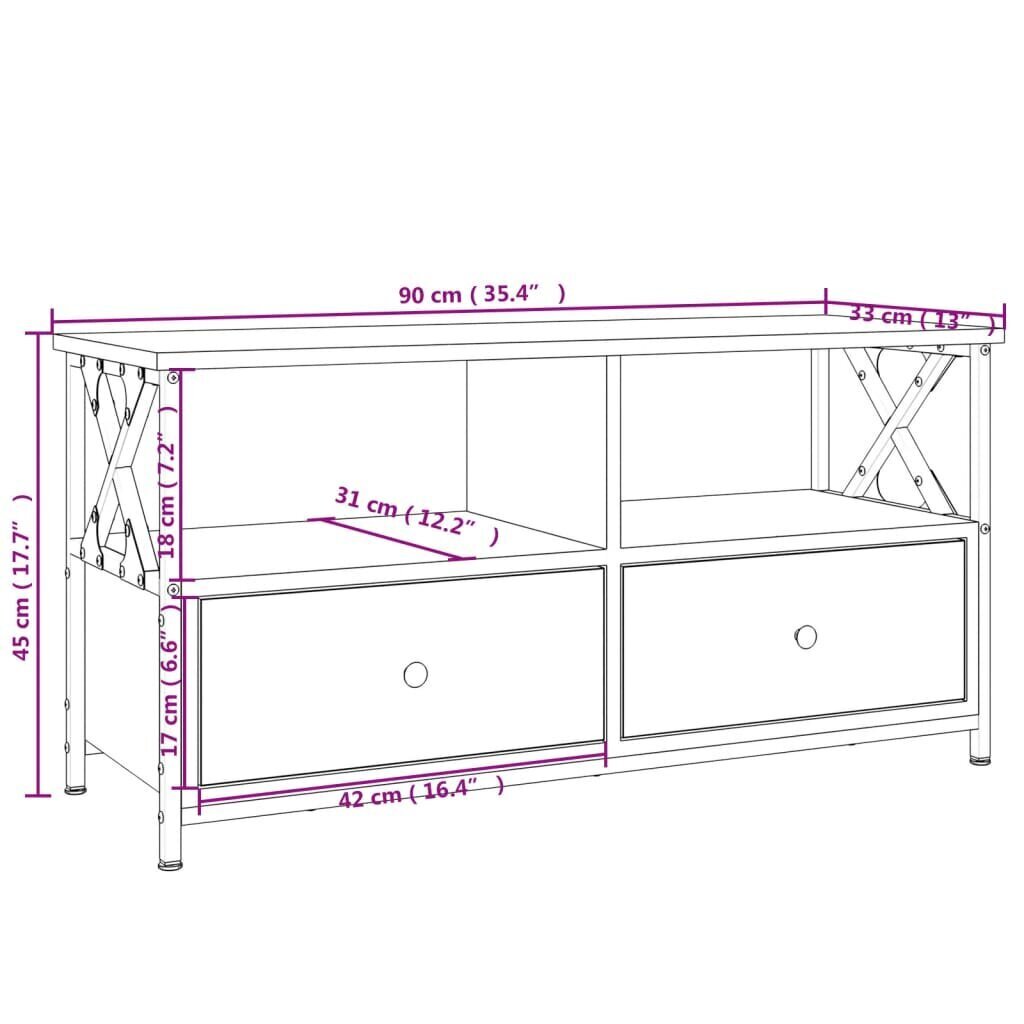 TV skapītis, 90x33x45 cm, inženierijas koks, dzelzs, ozolkoka cena un informācija | TV galdiņi | 220.lv