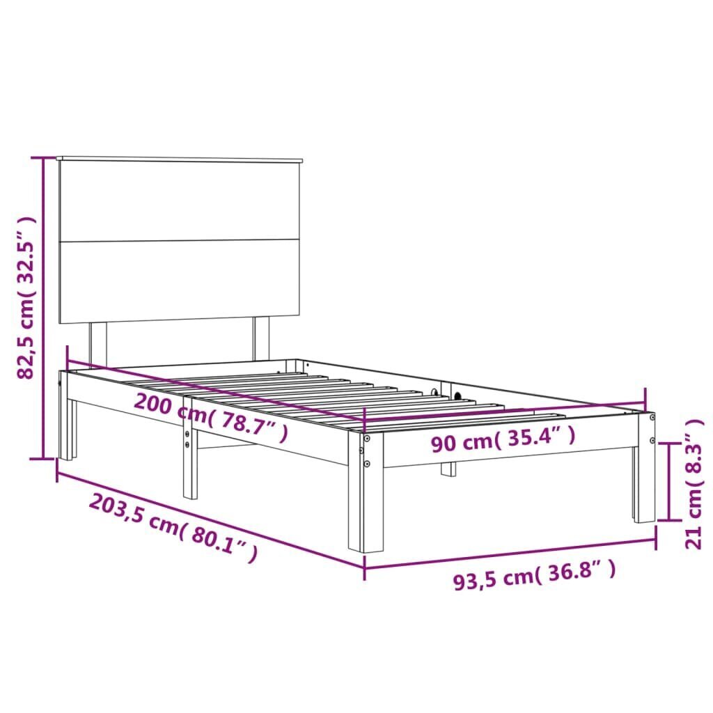 Gultas rāmis ar galvgali, balts, masīvkoks, 90x200 cm cena un informācija | Gultas | 220.lv