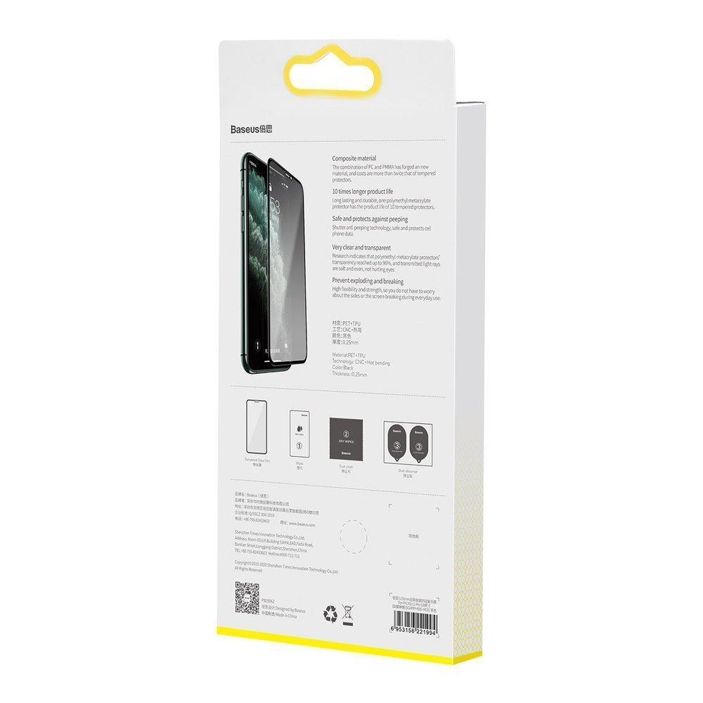 Baseus pilnekrāna 3D aizsargplēve 0.25 mm ar privātumu Anti-spy filtrs iPhone 11 Pro / iPhone XS / iPhone X (SGAPIPH58S-HC01) cena un informācija | Ekrāna aizsargstikli | 220.lv