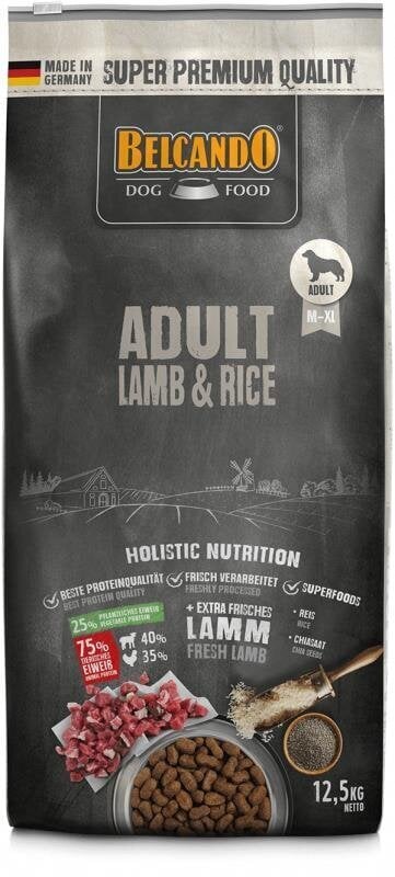 Belcando Adult Lamb & Rice hipoalerģiska barība suņiem ar normālu aktivitātes līmeni, pamatojoties uz jēru un rīsiem 12.5 kg cena un informācija | Sausā barība suņiem | 220.lv