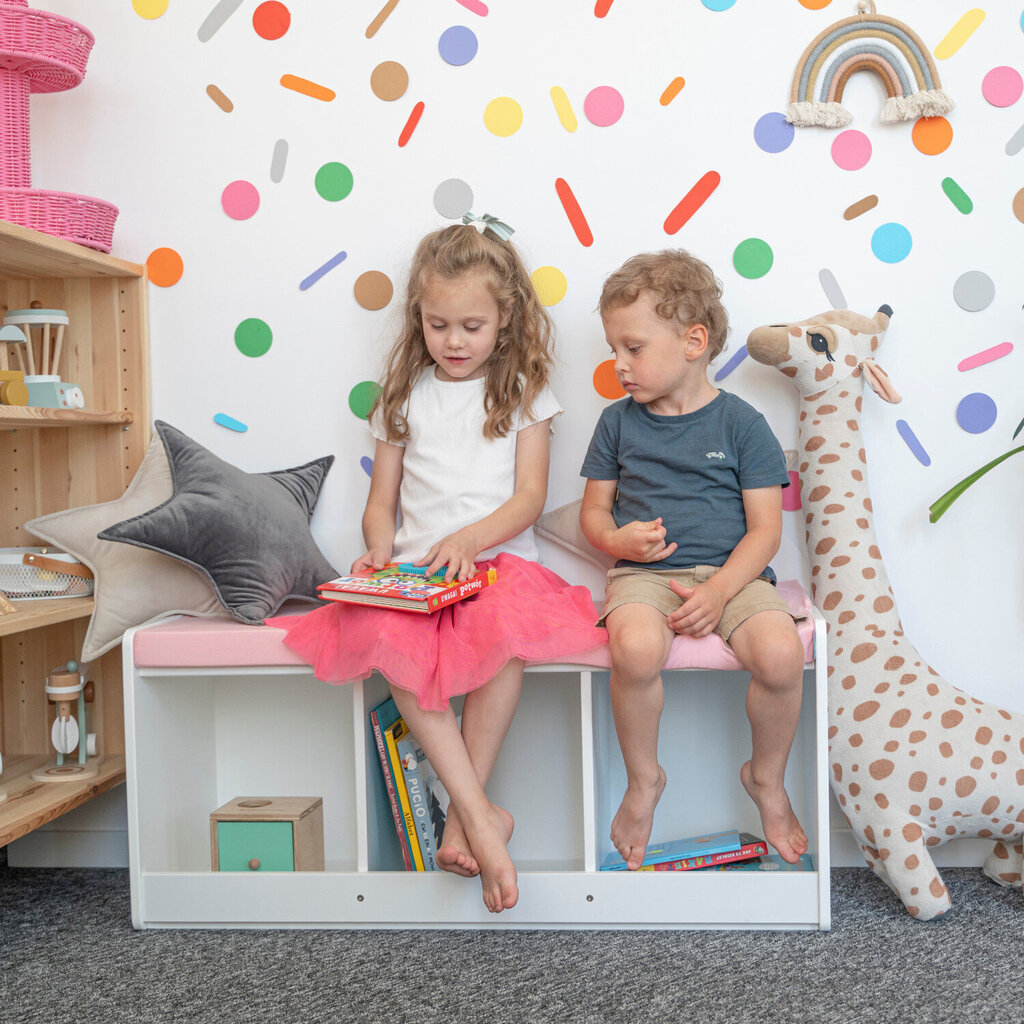 KiddyMoon Soliņš ar sēdekli bērniem Daudzfunkcionālas bērnu mēbeles sēdēšanai, rotaļlietu glabāšanai, bērniem, balts/putnu rozā krāsā cena un informācija | Bērnu krēsliņi un bērnu galdiņi | 220.lv