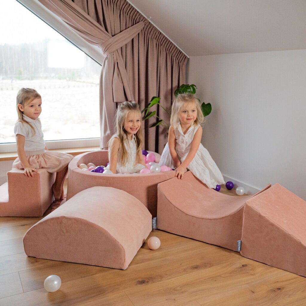 KiddyMoon rotaļu laukums Velvet, izgatavots no putām ar samta apaļu bumbiņu vannas bumbiņu bedrītes zīdaiņiem, vannas šķēršļu josla, ražots ES, muca/karote, tuksnešaini rozā krāsā cena un informācija | Rotaļlietas zīdaiņiem | 220.lv