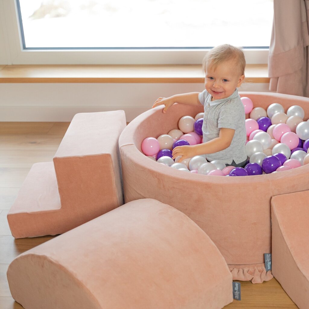 KiddyMoon rotaļu laukums Velvet, izgatavots no putām ar samta apaļu bumbiņu vannas bumbiņu bedrītes zīdaiņiem rotaļu vannas šķēršļu joslas, ražots ES, Puff, tuksnešains rozā krāsā cena un informācija | Rotaļlietas zīdaiņiem | 220.lv