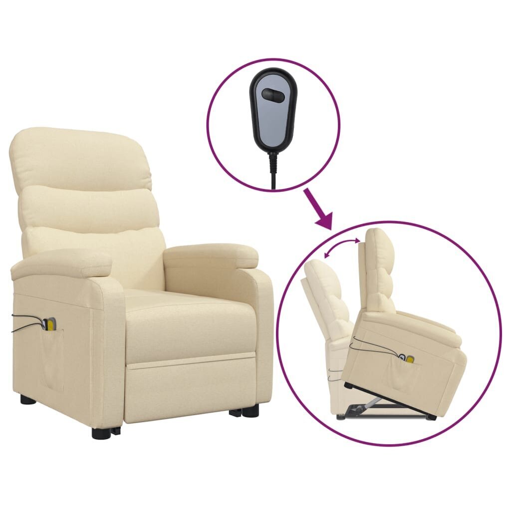 vidaXL masāžas krēsls, paceļams, krēmkrāsas audums cena un informācija | Atpūtas krēsli | 220.lv