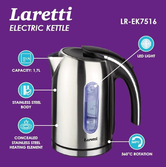 Laretti LR-EK7516 1,7L 1850-2200W cena un informācija | Elektriskās tējkannas | 220.lv