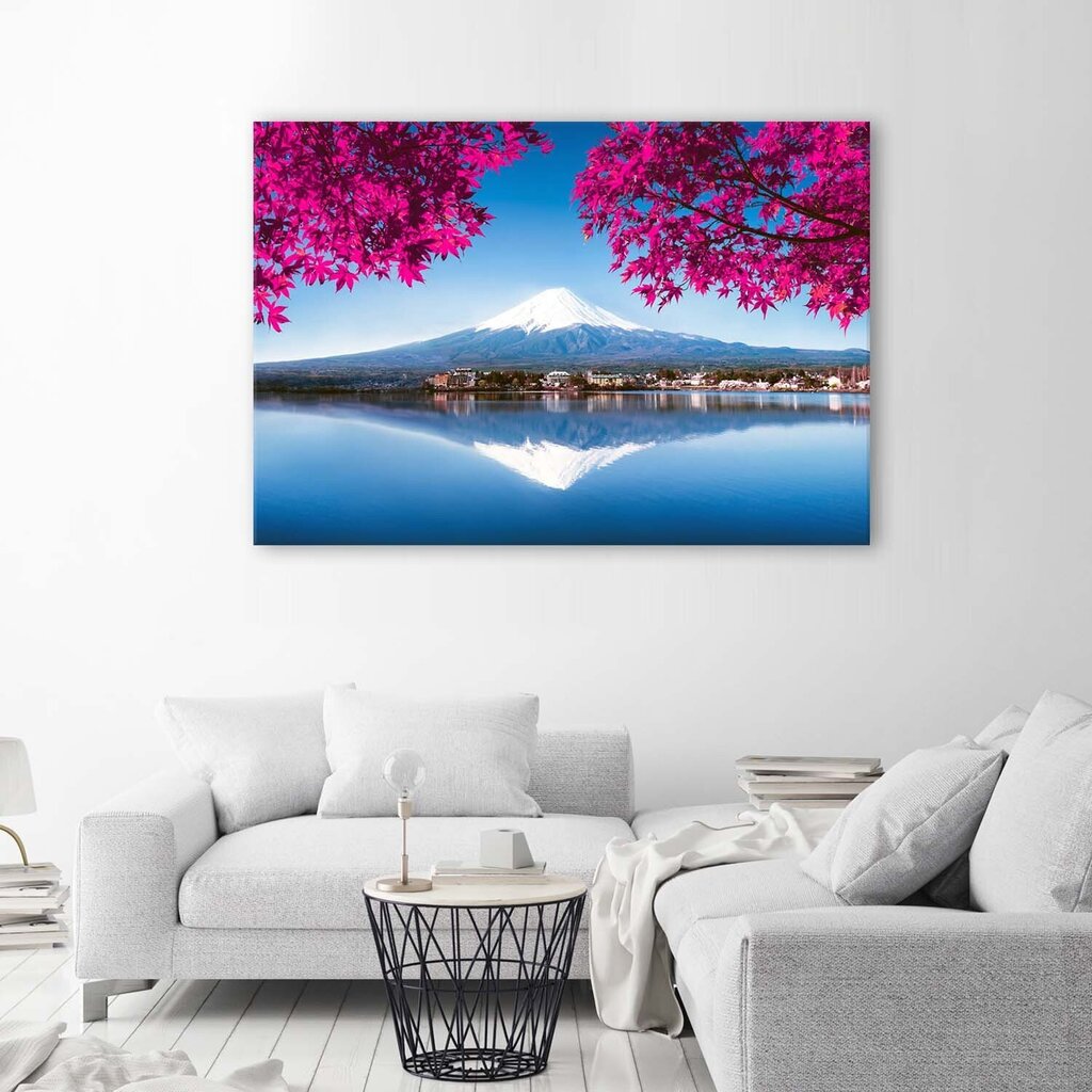 Glezniecība uz audekla, Fudzi kalns, ezers un rozā lapas cena un informācija | Gleznas | 220.lv