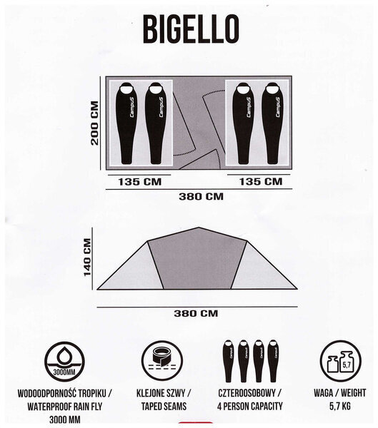 Četrvietīga telts Campus Bigello, 380 x 140 cm, zaļa цена и информация | Teltis | 220.lv