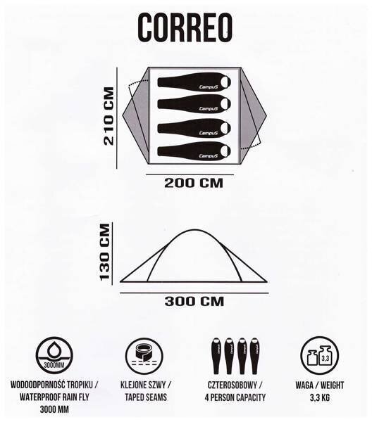 Četrvietīga telts Campus Correo, 300 x 120 cm, zaļa cena un informācija | Teltis | 220.lv