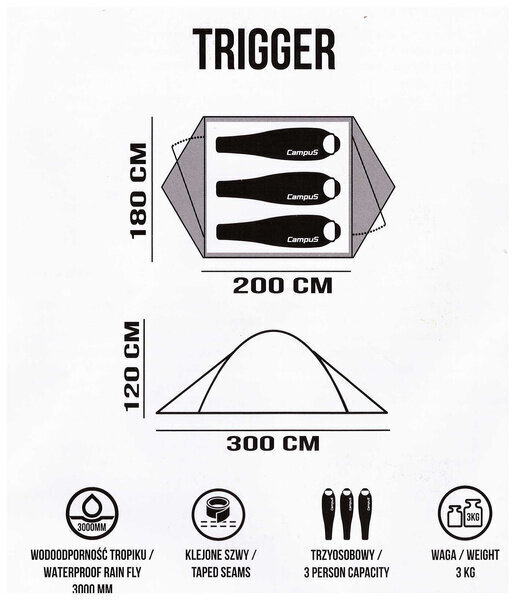 Trīsvietīga telts Campus Trigger 3, 300 x 120 cm, zaļa cena un informācija | Teltis | 220.lv