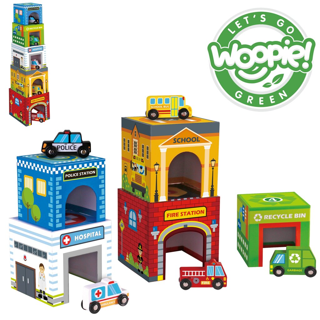 WOOPIE GREEN Cube Puzzle Pilsētas transportlīdzekļi kastēs + figūriņas 10 el. цена и информация | Konstruktori | 220.lv