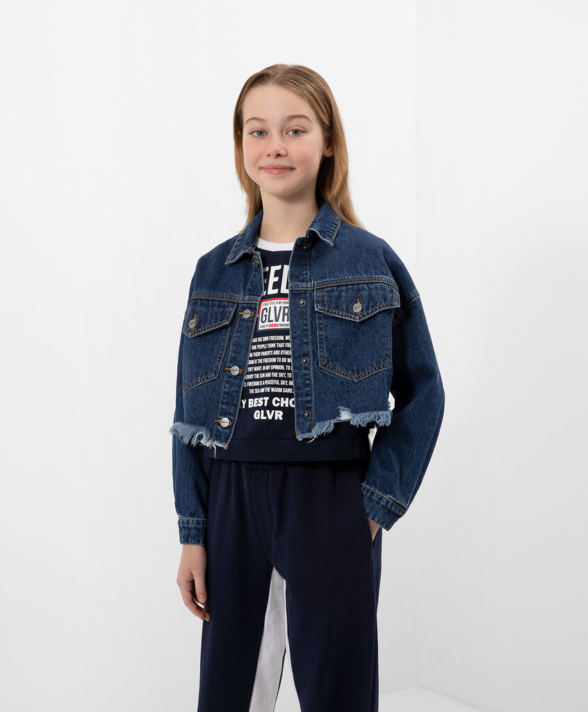 Saīsināta džinsa jaka ar platu bārkstis apakšā zilā krāsā meitenēm Gulliver cena un informācija | Virsjakas un mēteļi meitenēm | 220.lv