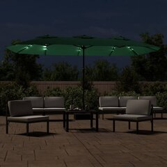 vidaXL saulessargs ar 2 jumtiņiem un LED, 449x245 cm, zaļš cena un informācija | Saulessargi, markīzes un statīvi | 220.lv