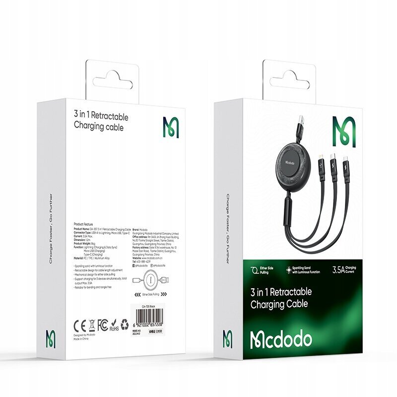 Mcdodo 3in1 USB uz USB-C / Lightning / Micro USB kabelis, Mcdodo CA-3570, 1,2 m (melns) cena un informācija | Savienotājkabeļi | 220.lv