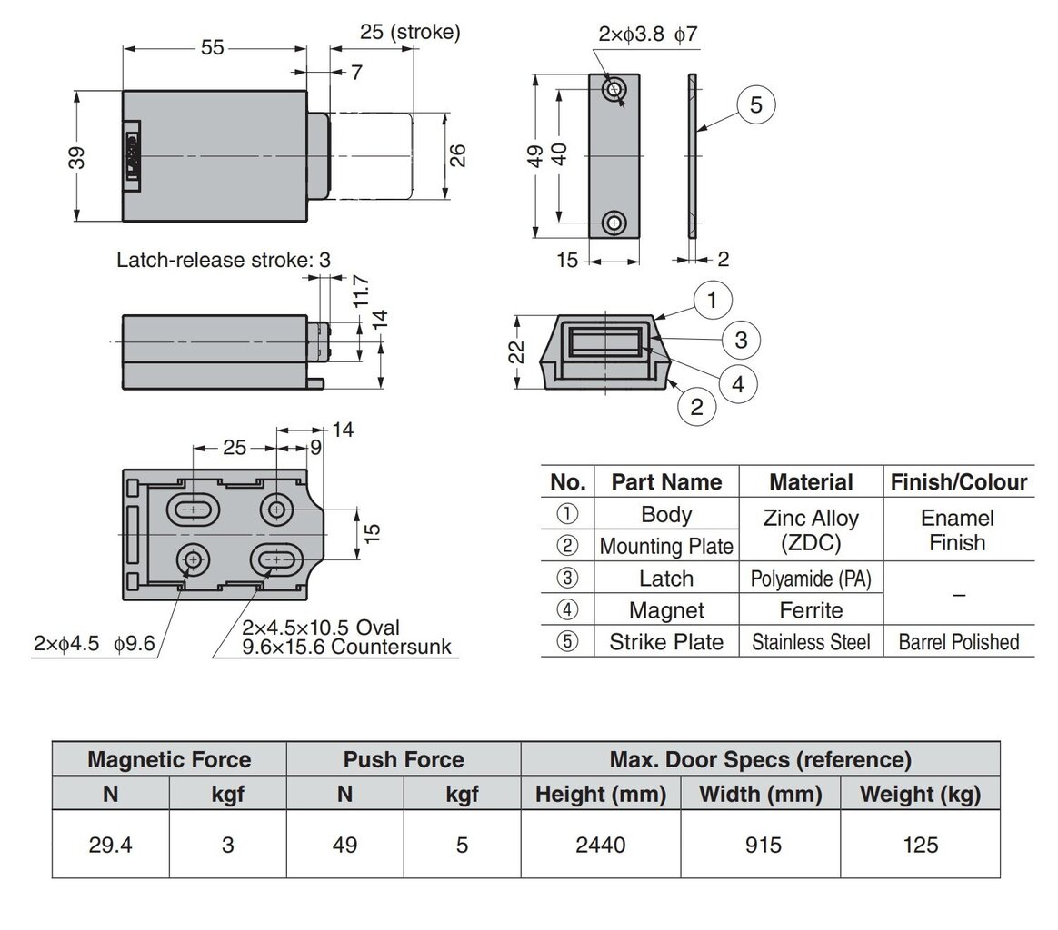 Magnētiskais pieskāriena durvju uzlauzējs smagajām durvīm Melns Sugatsune ML-ZN80-BL цена и информация | Citi piederumi mēbelēm | 220.lv