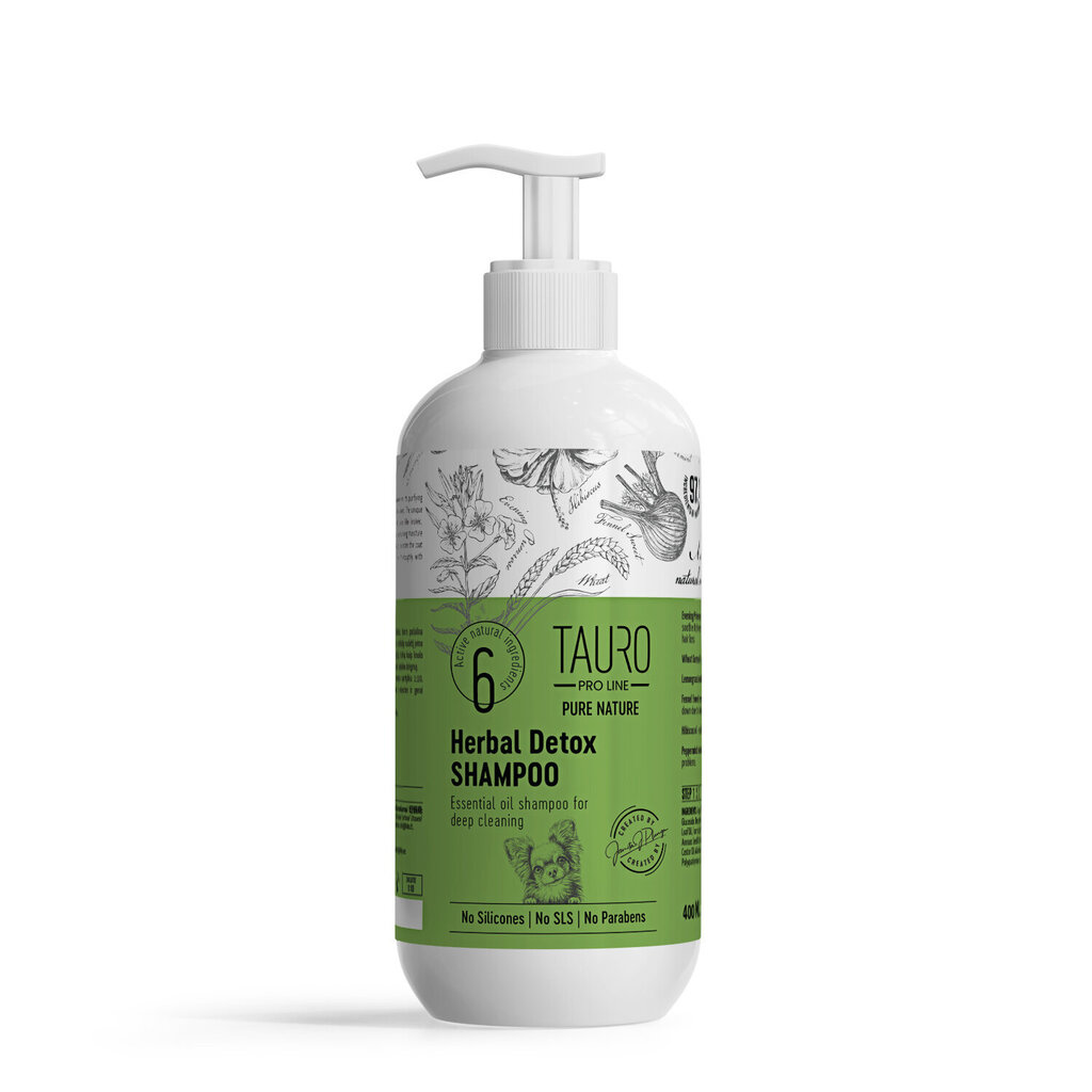 Dziļi attīrošs šampūns suņiem un kaķiem Tauro Pro Line Pure Nature Herbal Detox, 400 ml cena un informācija | Kosmētiskie līdzekļi dzīvniekiem | 220.lv