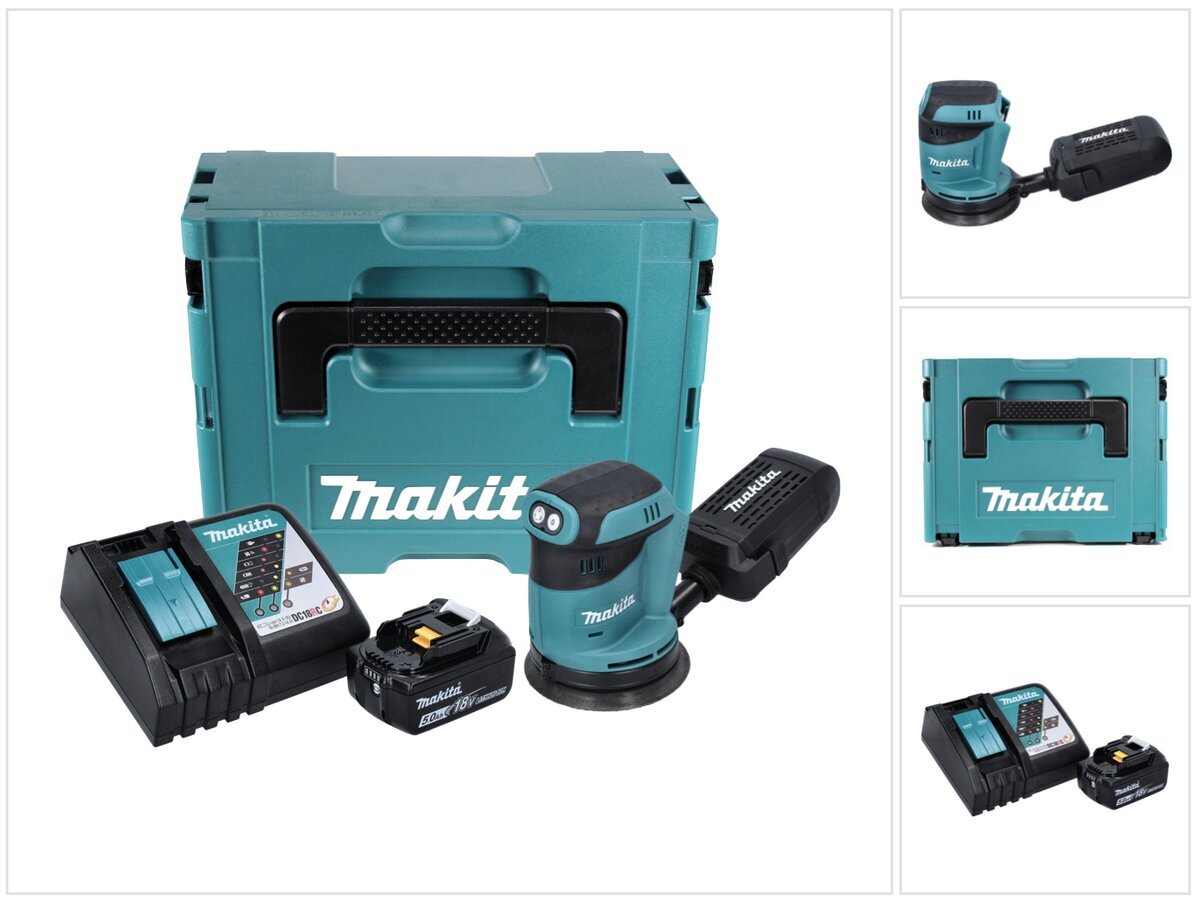 Bezvadu ekscentriskā slīpmašīna Makita DBO 180 RT1J, 18 V + 1x akumulators 5,0 Ah + lādētājs + Makpac цена и информация | Slīpmašīnas | 220.lv