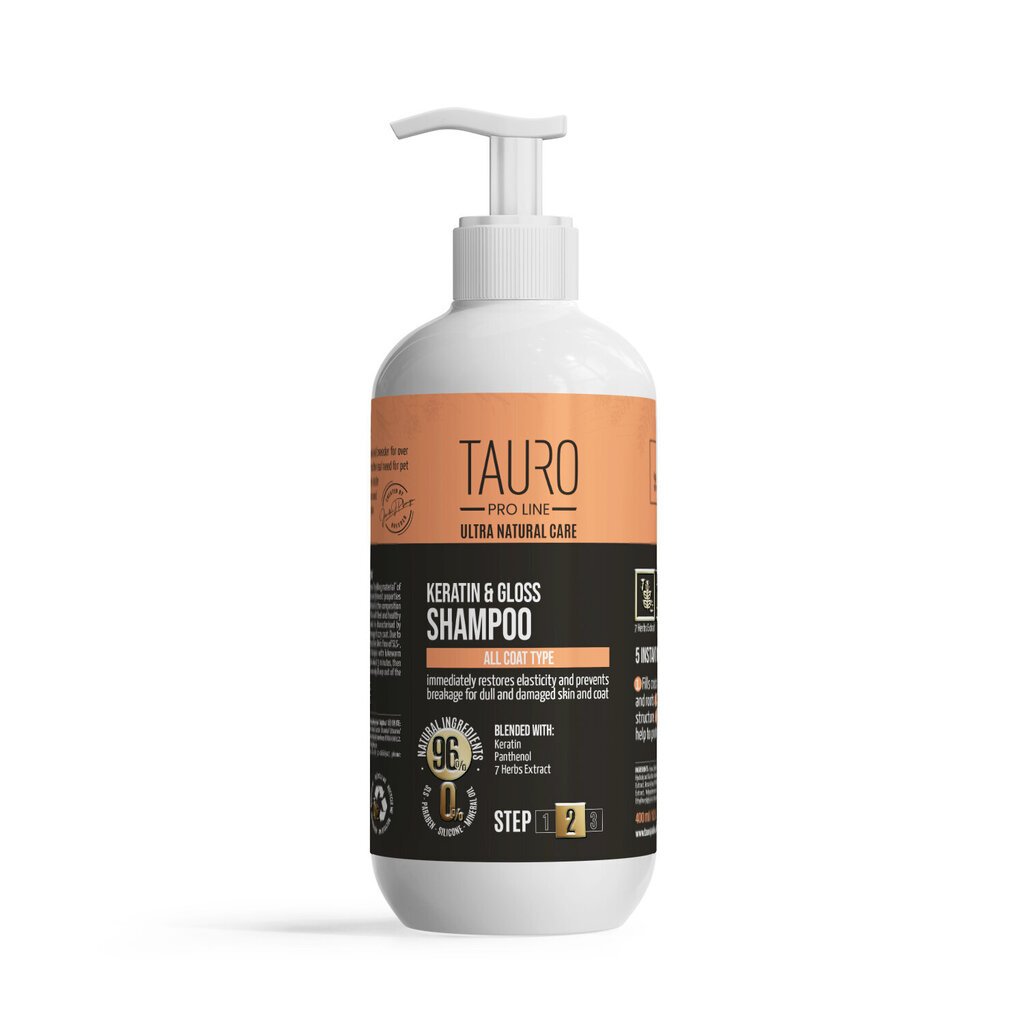 Šampūns ar keratīnu suņu un kaķu kažoka kopšanai Turo Pro Lline Ultra Natural Care Keratin Gloss Shampoo, 400 ml cena un informācija | Kosmētiskie līdzekļi dzīvniekiem | 220.lv