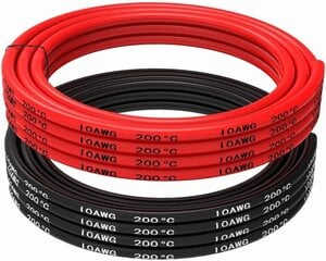 Гибкий 5-метровый провод 10 AWG с изоляцией из силикона [2,5 м черный и 2,5 м красный] Провод из оловянной меди, Устойчивость к высоким температурам цена и информация | Кабели и провода | 220.lv