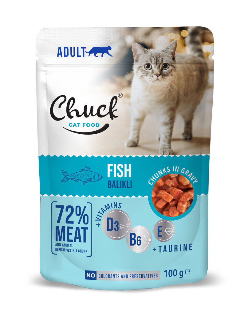 Chuck Pouch Adult with Fish konsevi kaķiem ar tunci smalkā mērcē 100 g x 24 gab. cena un informācija | Konservi kaķiem | 220.lv
