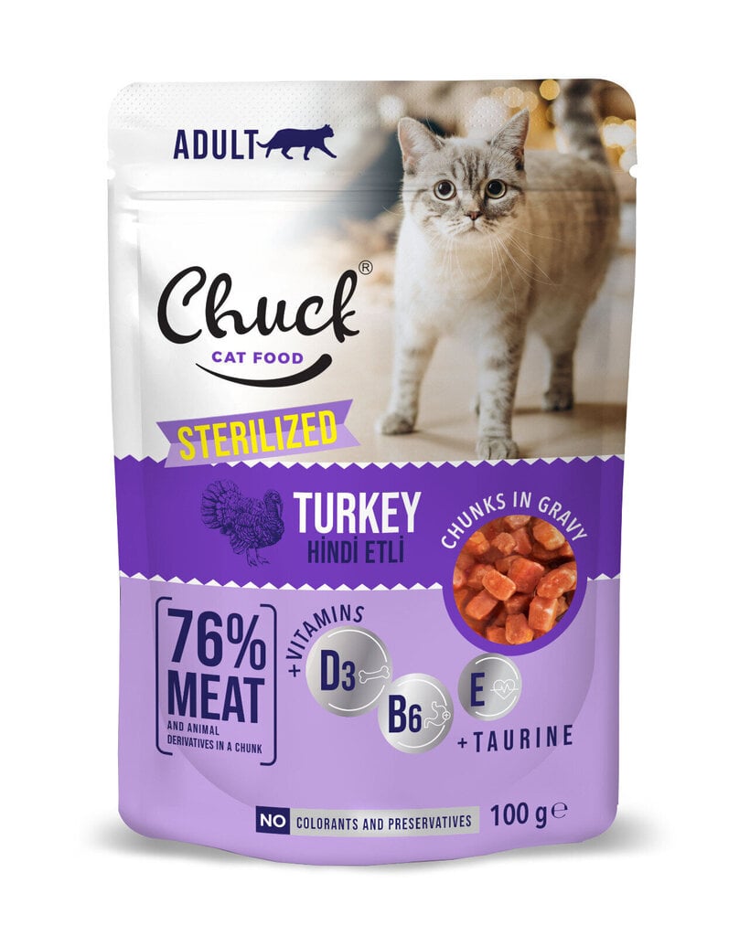 Chuck Pouch Adult Sterelised with Turkey konservi sterelizētiem kaķiem ar tītaru 100 g x 24 gab. цена и информация | Konservi kaķiem | 220.lv