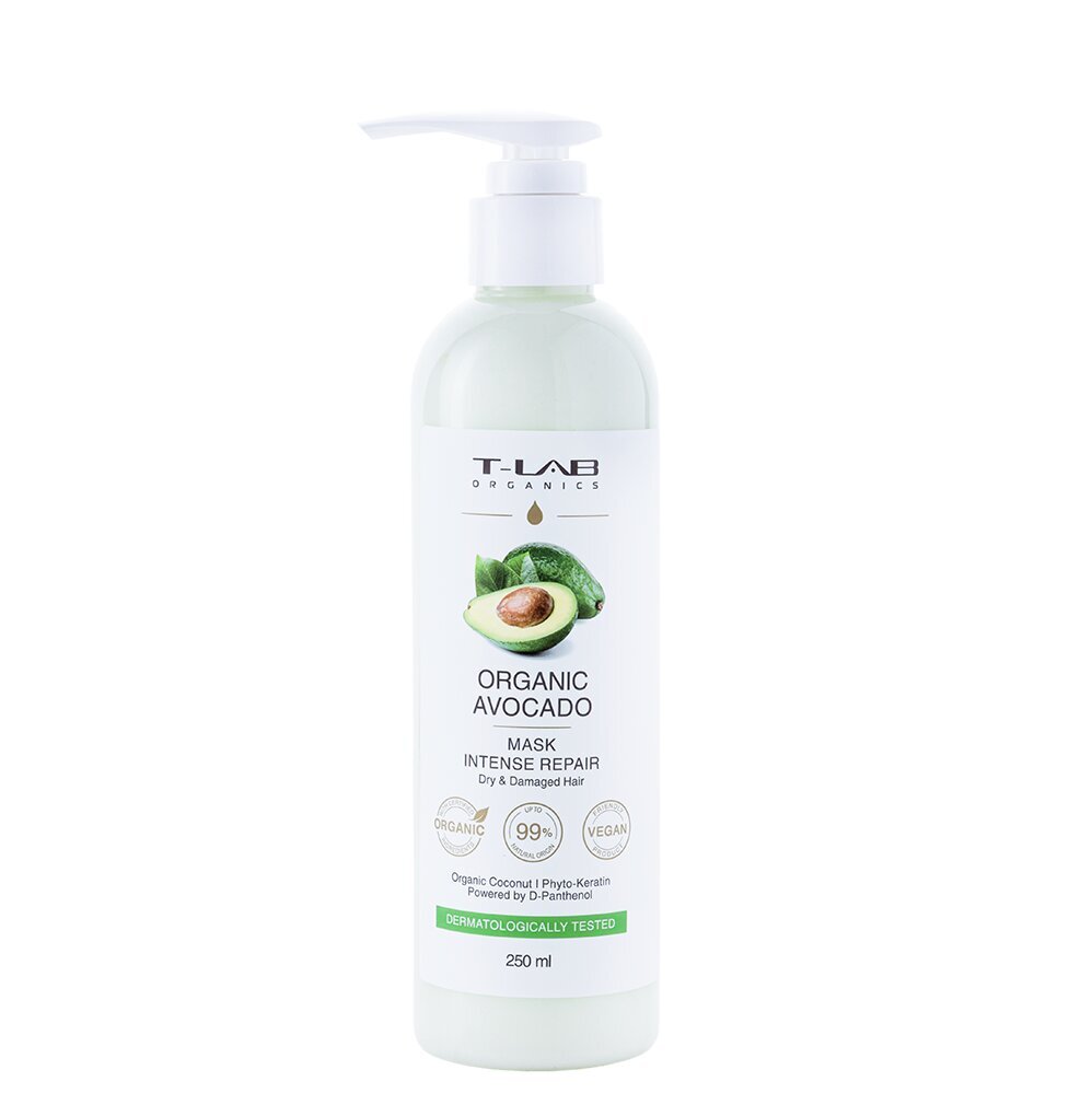 Atjaunojoša maska ar avokado sausiem un bojātiem matiem T-LAB Organic Avocado Intense Repair Mask, 250ml cena un informācija | Matu uzlabošanai | 220.lv