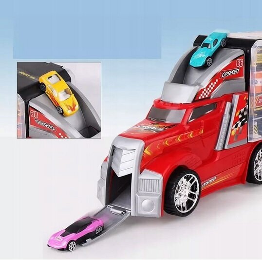 Kravas automašīna ar 10 automašīnām, ceļa zīmēm un galda spēli cena un informācija | Rotaļlietas zēniem | 220.lv