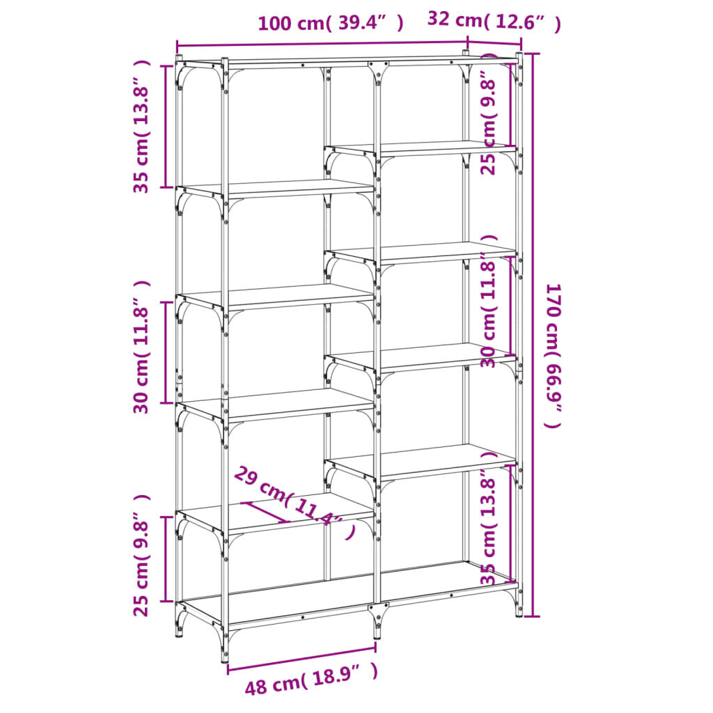 vidaXL grāmatplaukts, ozolkoka, 100x32x170 cm, inženierijas koks цена и информация | Plaukti | 220.lv