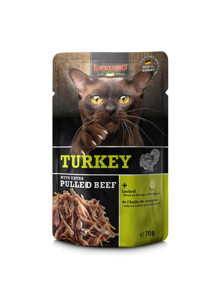 Leonardo Turkey + extra pull Beef kaķiem ar tītaru un liellopa gaļas sautējumu 70g × 16gab цена и информация | Konservi kaķiem | 220.lv