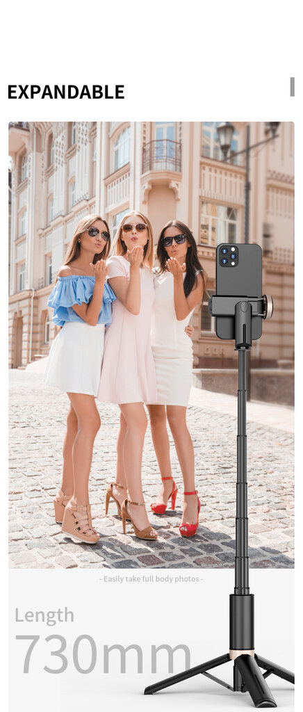 Pašbildes statīvs ar LED gaismu un Bluetooth tālvadības pulti, LIVMAN, Q12s (selfie stick) cena un informācija | Selfie Sticks | 220.lv