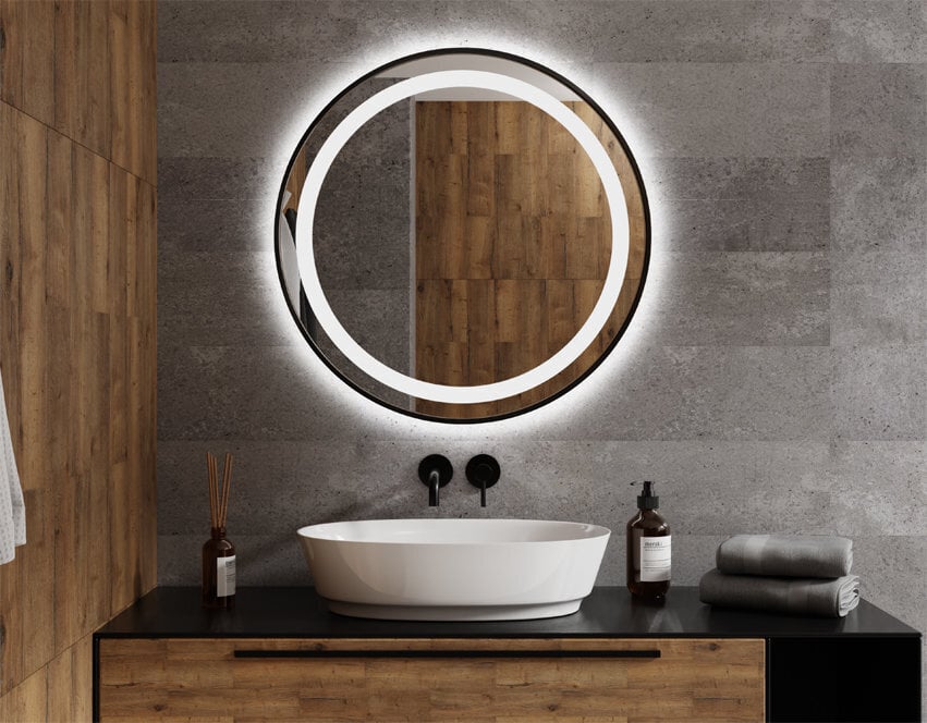 Apaļš LED spogulis Nemezis ar melnu rāmi 70 cm цена и информация | Vannas istabas spoguļi | 220.lv