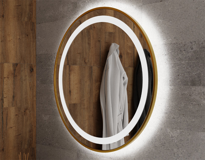Apaļš LED spogulis Nemezis ar zelta krāsas rāmi 90 cm cena un informācija | Vannas istabas spoguļi | 220.lv