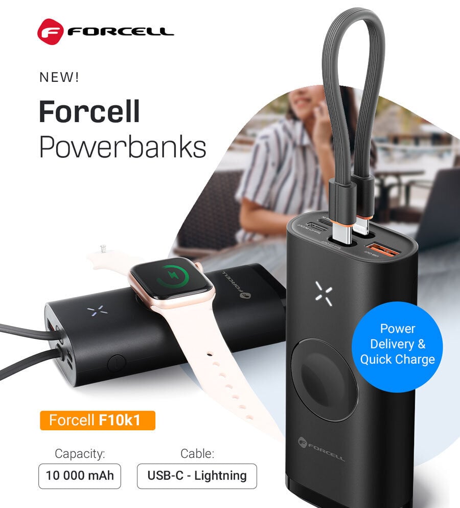 Ceļojumu akumulators FORCELL F-Energy F10k1 10000mah ar Apple Watch lādētāju, melns cena un informācija | Lādētāji-akumulatori (Power bank) | 220.lv